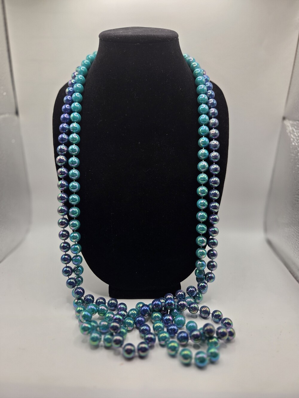 1627. Set Of Teal and Navy Iridescent Acrylic Bead Long Necklace